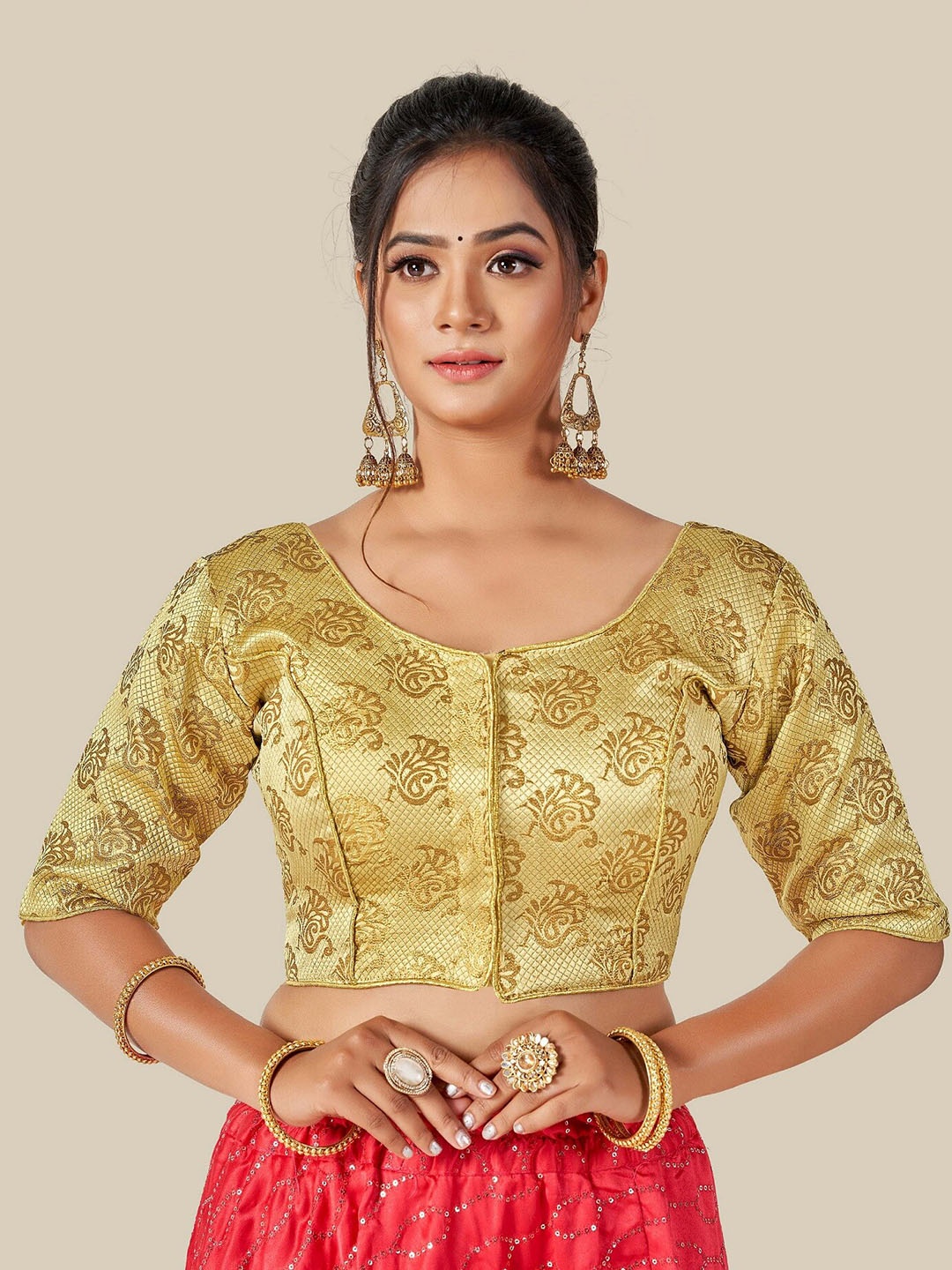 

HIMRISE Gold-Coloured Woven Design Readymade Saree Blouse
