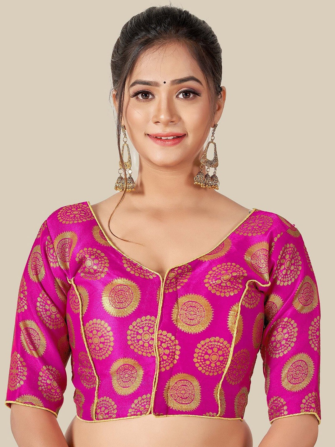 

HIMRISE Pink & Gold-Coloured Woven Design Readymade Saree Blouse