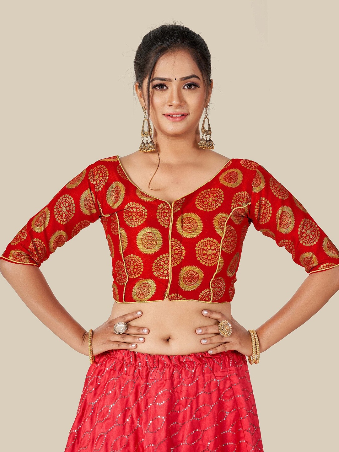 

HIMRISE Red & Gold-Coloured Woven Design Readymade Saree Blouse