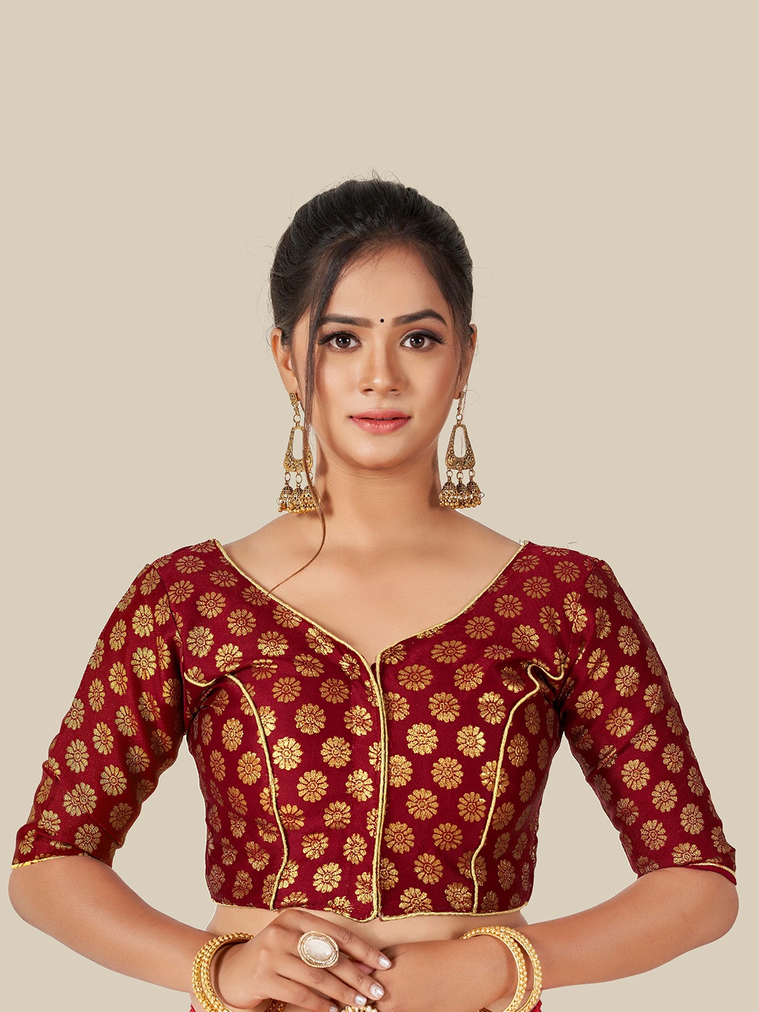 

HIMRISE Maroon & Gold-Coloured Woven Design Readymade Saree Blouse