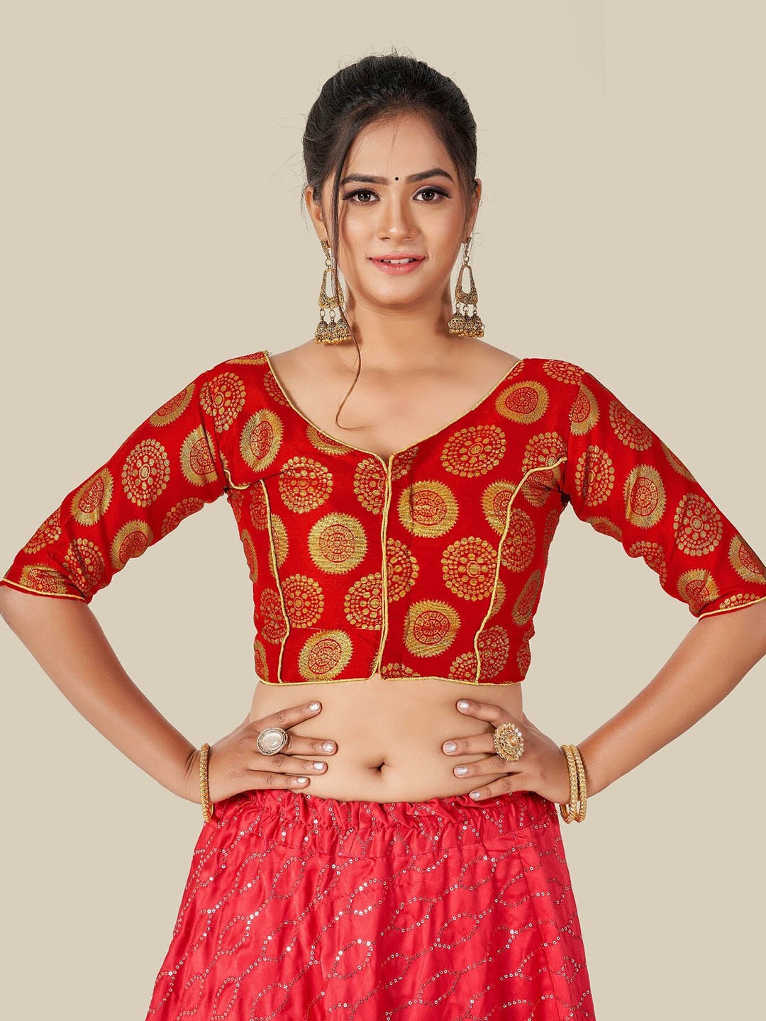 

HIMRISE Women Red Woven Design Jacquard Readymade Saree Blouse