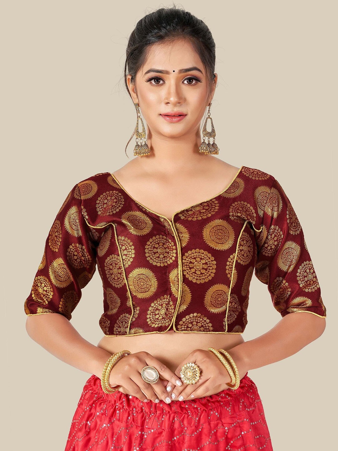 

HIMRISE Maroon & Gold-Coloured Woven Design Readymade Saree Blouse