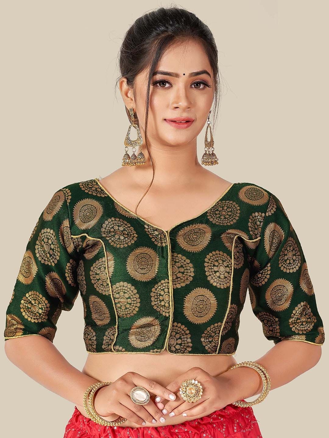 

HIMRISE Green & Gold-Coloured Woven Design Readymade Saree Blouse