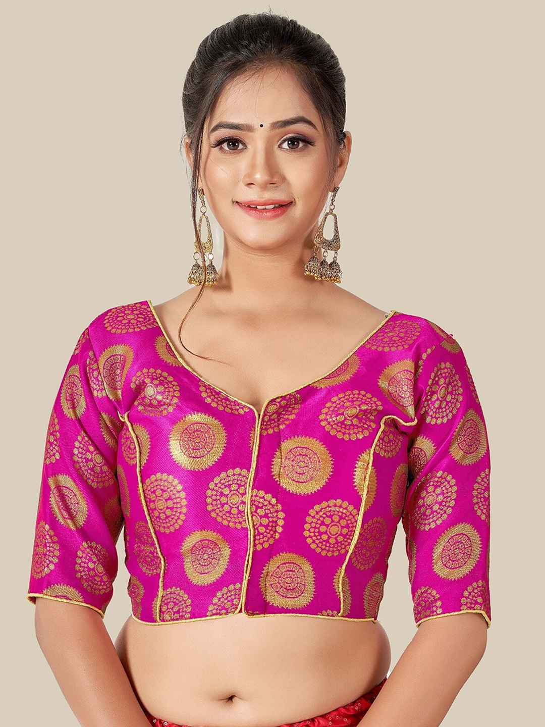 

HIMRISE Pink & Gold-Coloured Woven Design Saree Blouse
