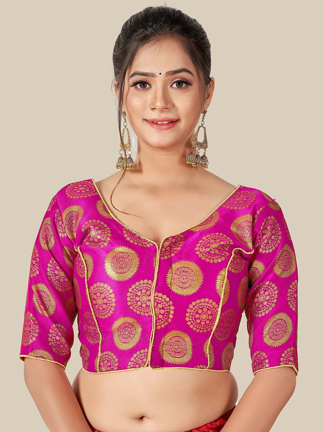 

HIMRISE Pink & Gold-Coloured Woven Design Saree Blouse
