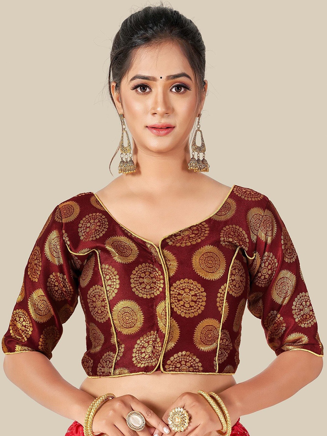 

HIMRISE Maroon & Gold-Coloured Woven Design Saree Blouse