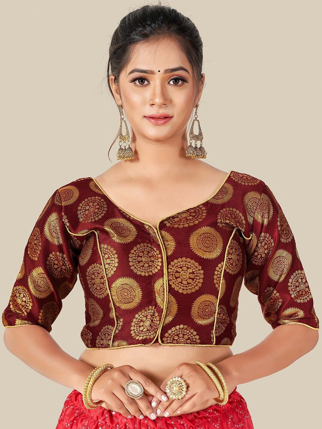

HIMRISE Maroon & Gold-Coloured Woven Design Saree Blouse