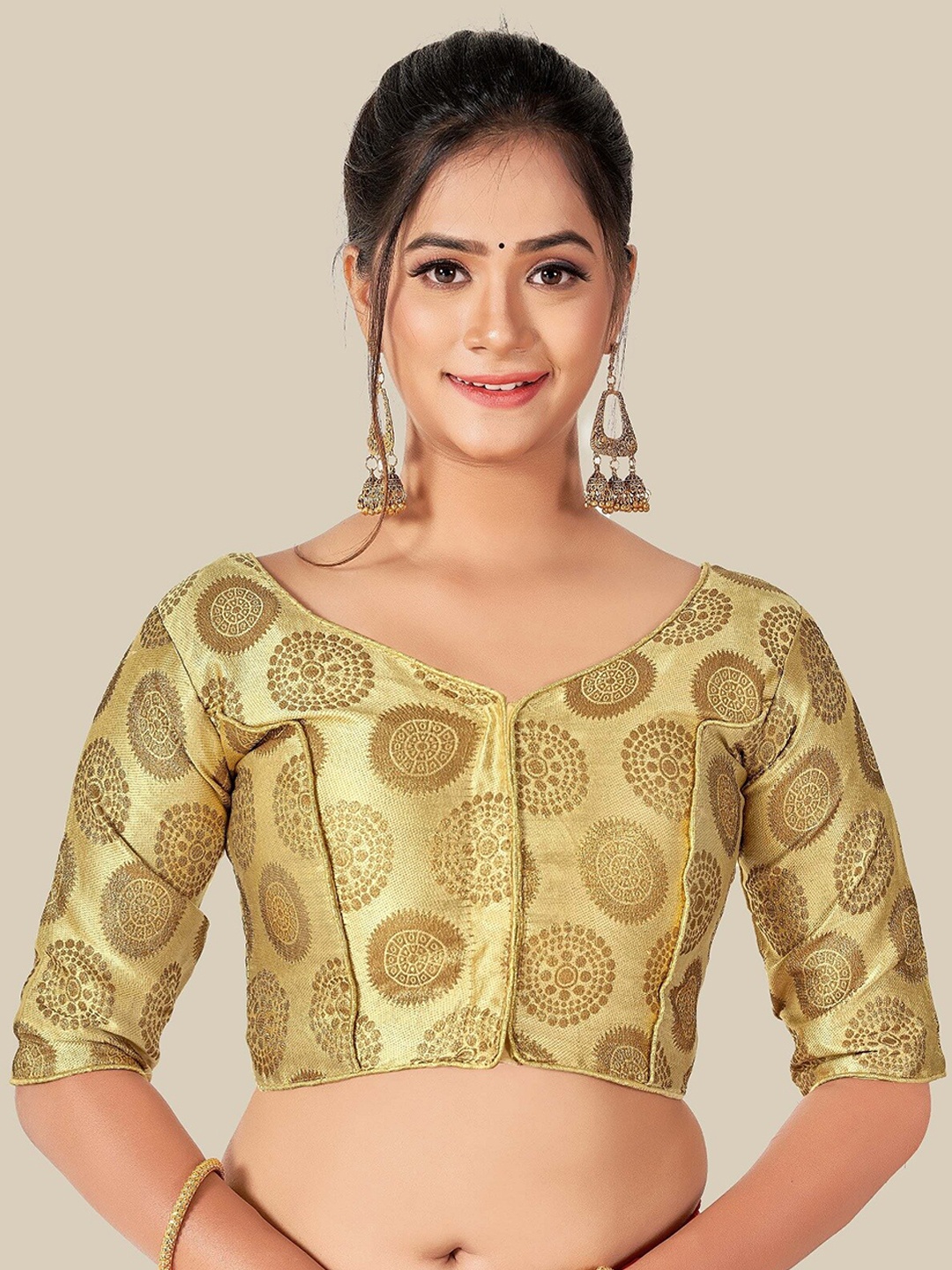 

HIMRISE Women Gold Coloured Woven Design Saree Blouse