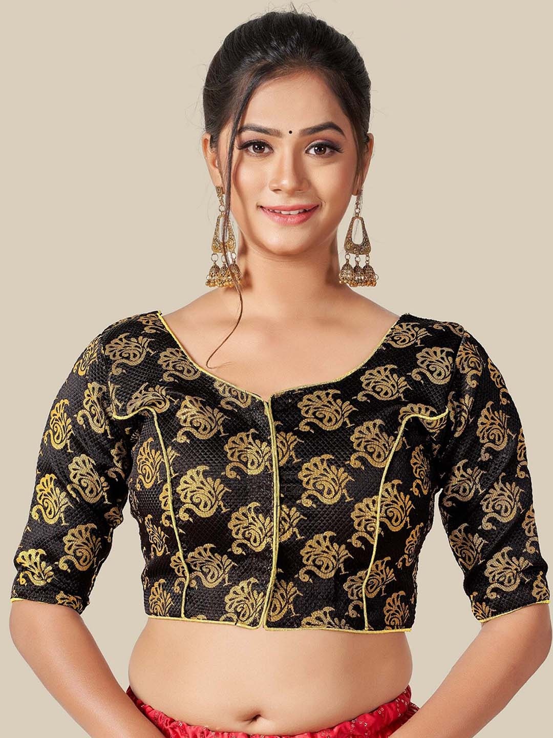 

HIMRISE Women Black & Gold Coloured Woven Design Saree Blouse