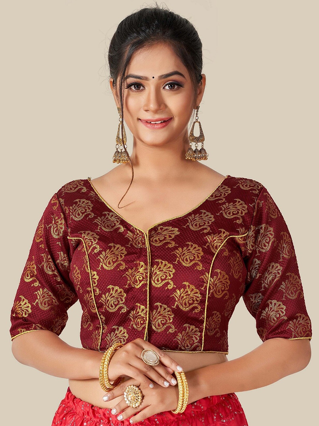 

HIMRISE Maroon & Gold-Coloured Woven Design Saree Blouse