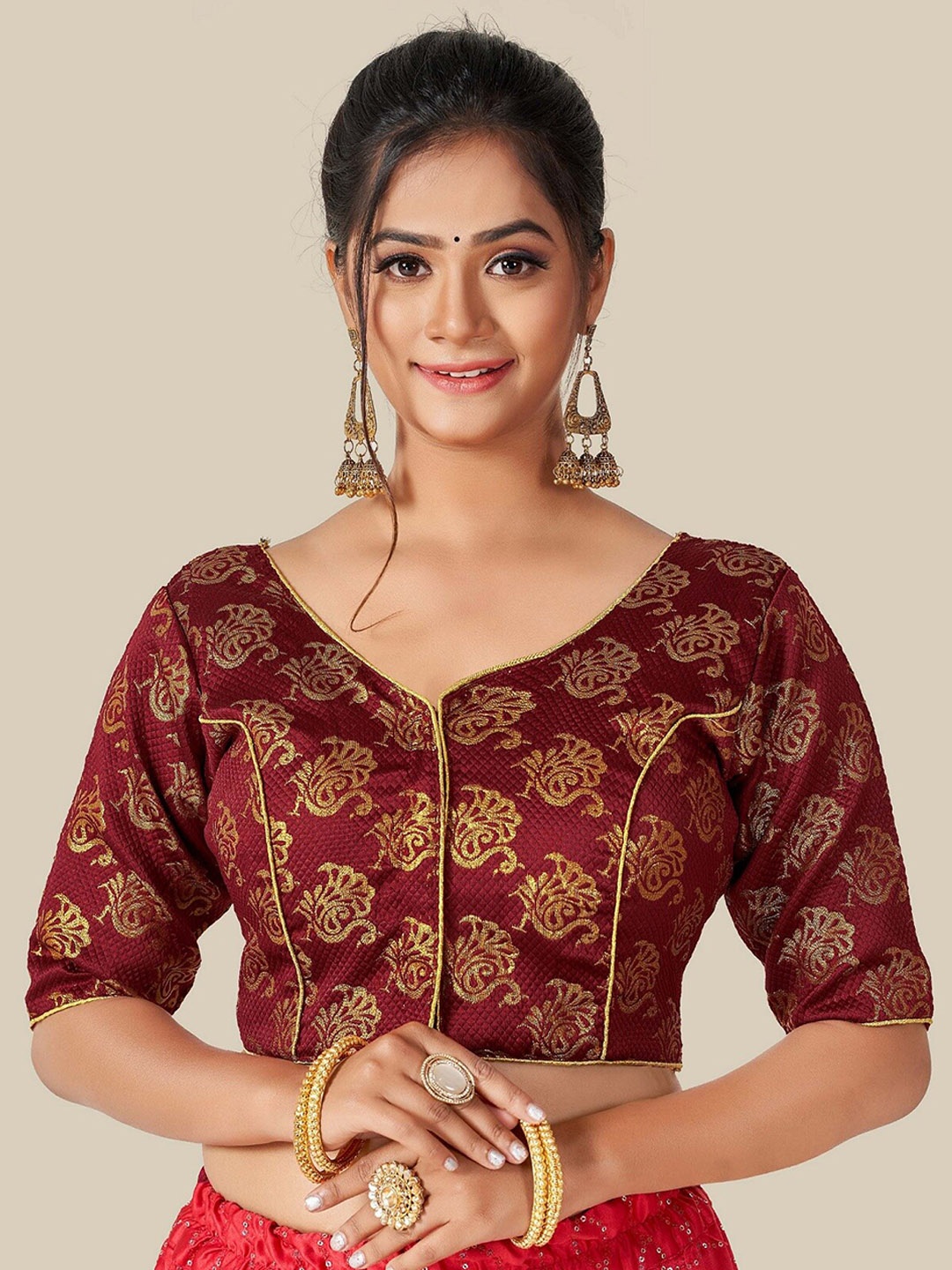 

HIMRISE Women Maroon & Gold Jacquard Ready-Made Saree Blouse