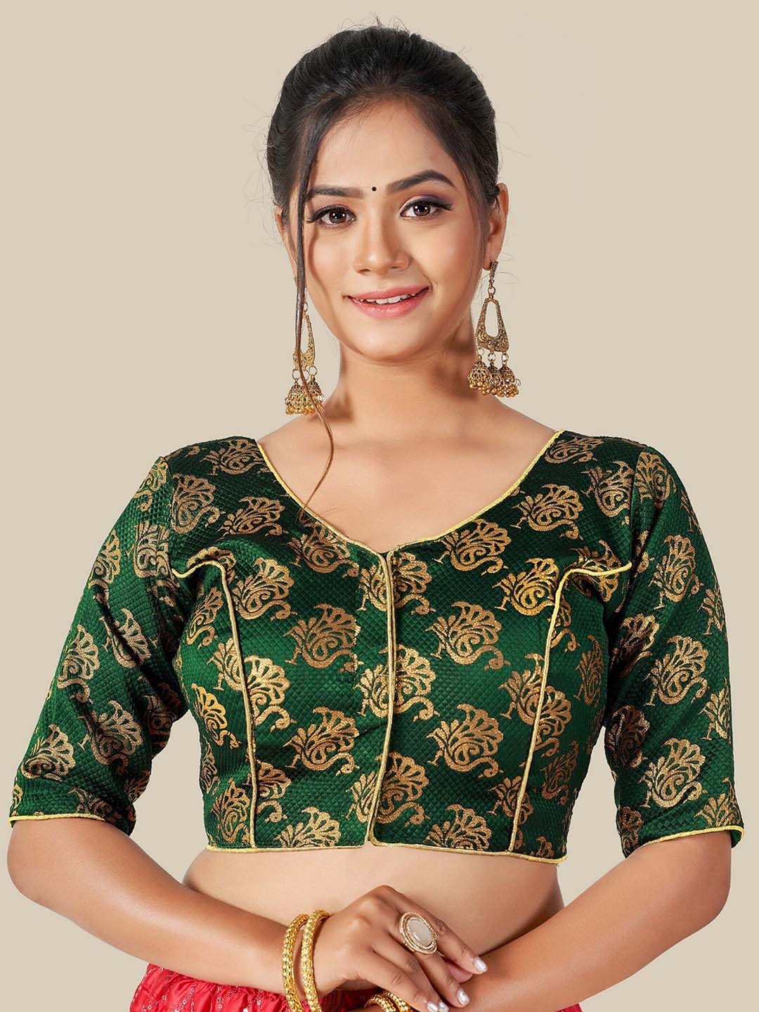 

HIMRISE Green & Gold-Coloured Woven Design Readymade Saree Blouse
