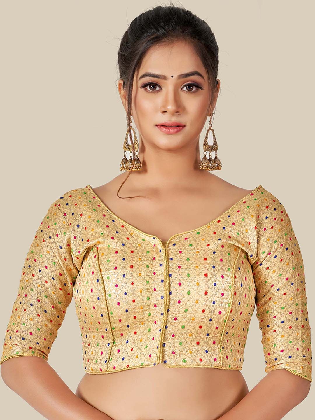 

HIMRISE Gold-Coloured Woven Design Readymade Saree Blouse
