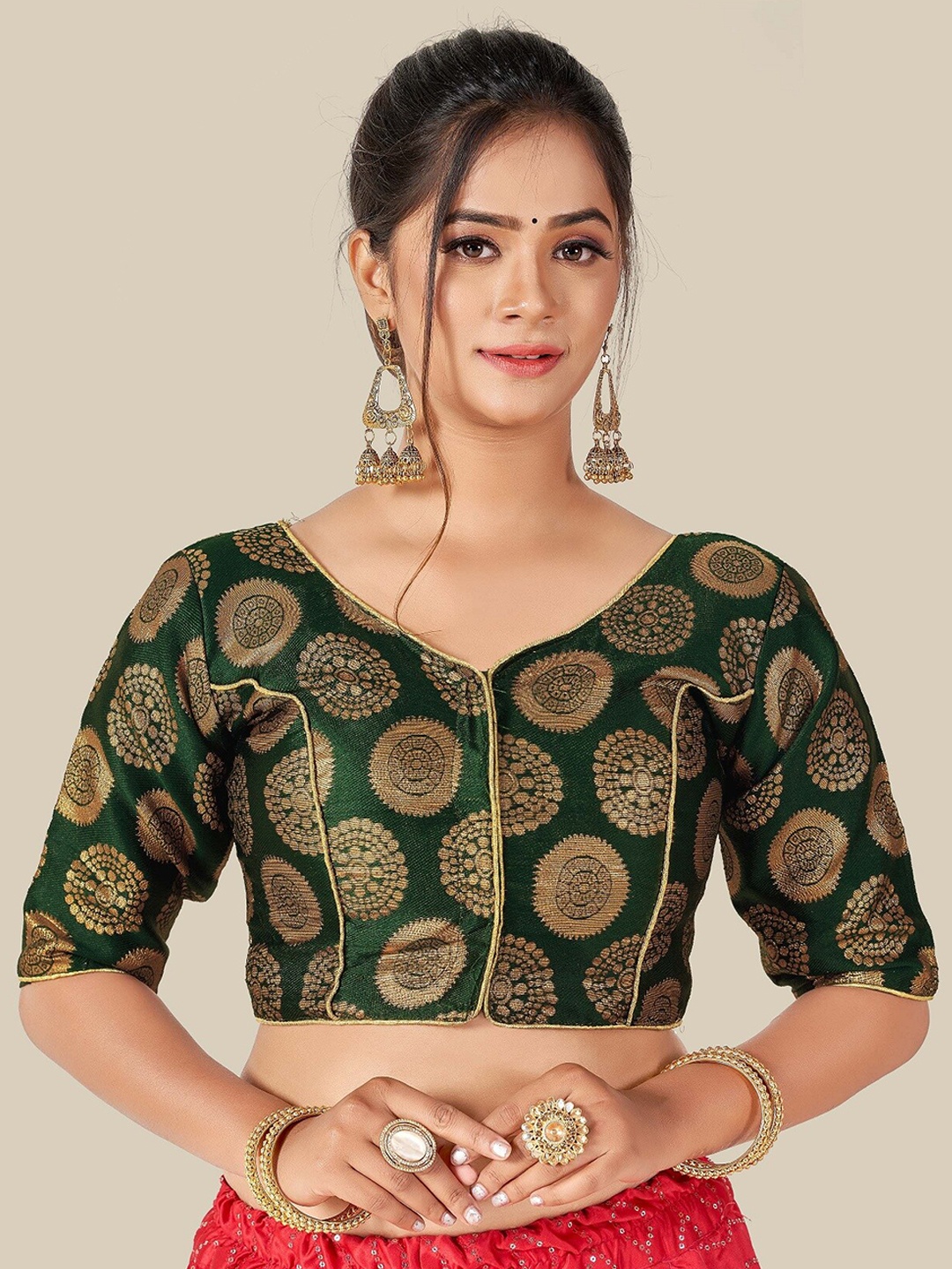 

HIMRISE Green & Gold-Coloured Woven Design Readymade Saree Blouse