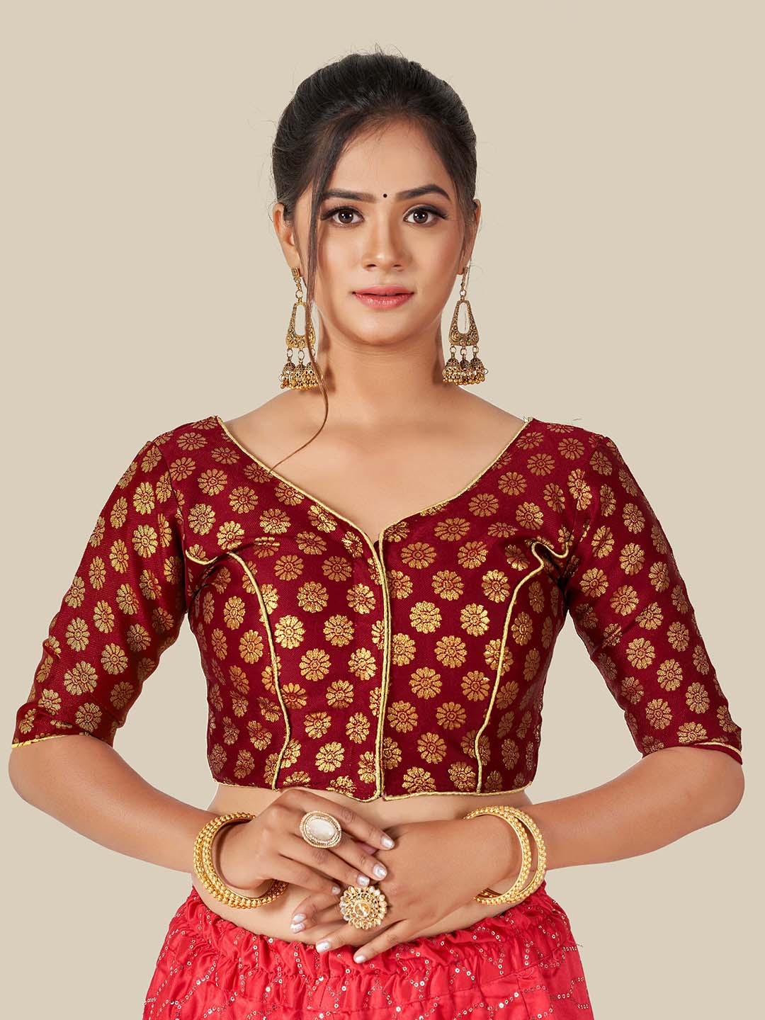 

HIMRISE Maroon & Gold-Coloured Woven Design Readymade Saree Blouse