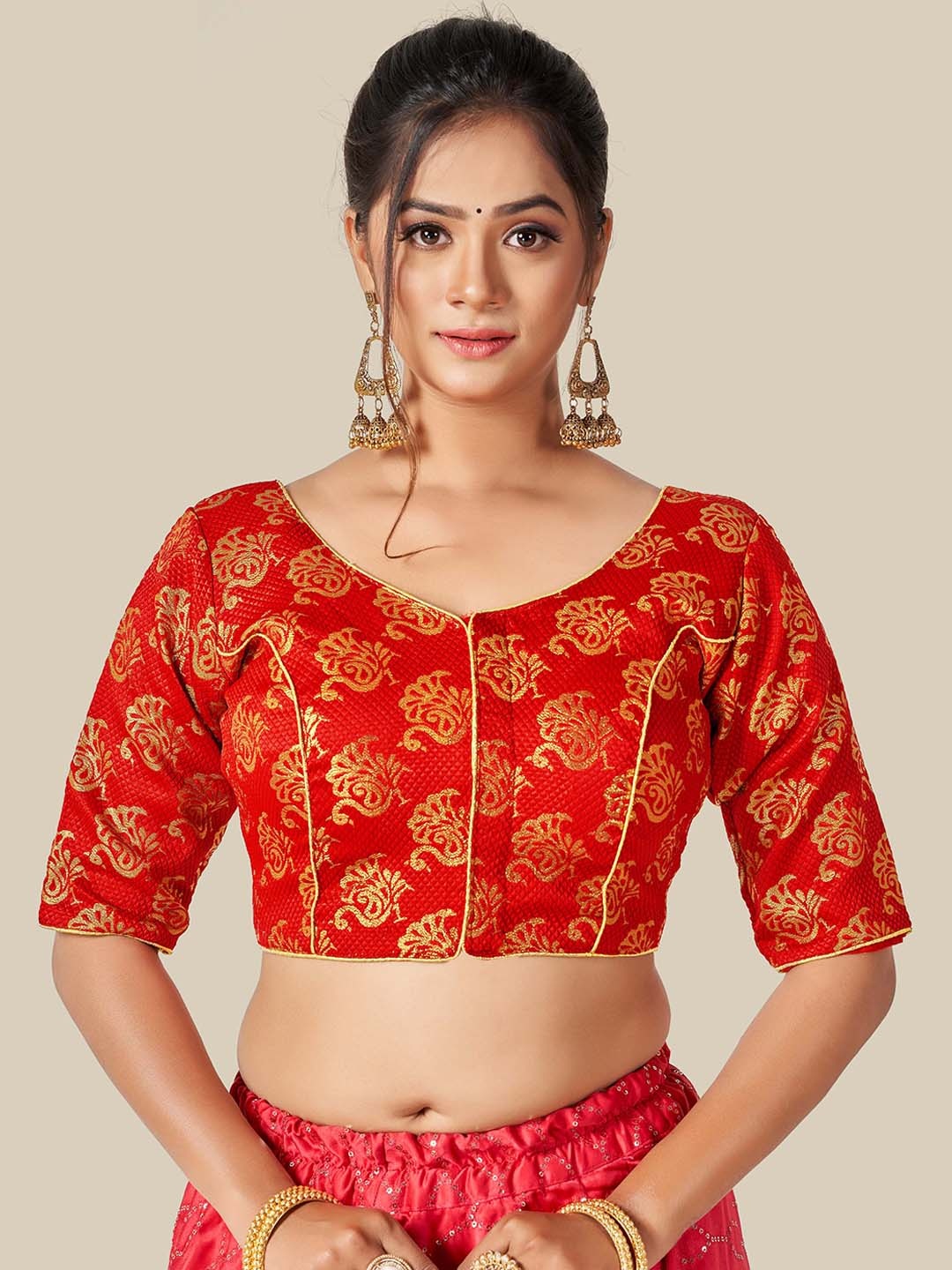 

HIMRISE Red & Gold-Coloured Woven Design Readymade Saree Blouse