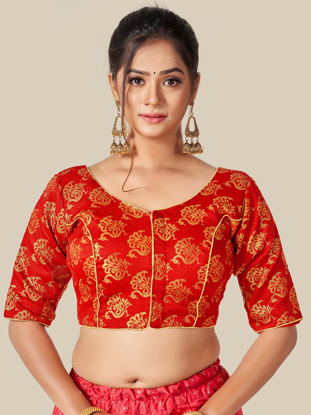 

HIMRISE Red & Gold-Coloured Woven Design Readymade Saree Blouse