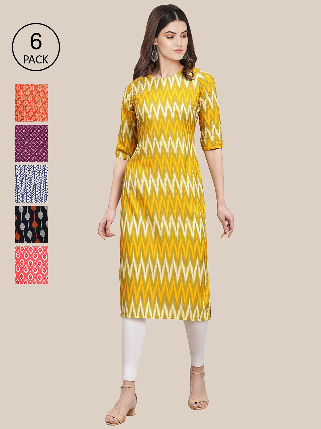 

7Threads Women Pack Of 6 Multicoloured Ethnic Motifs Printed Summer Sheers Crepe Kurta, Multi