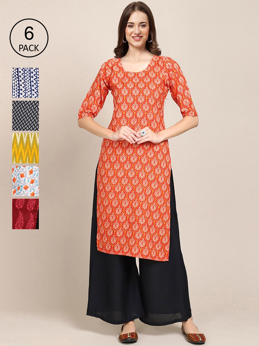 

7Threads Women Pack Of 6 Printed Crepe Kurta, Multi