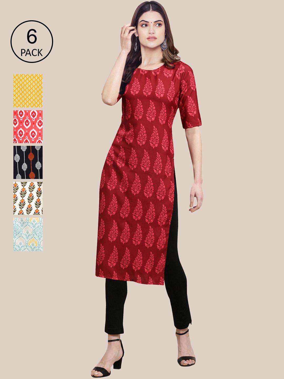 7Threads Women Pack Of 6 Printed Crepe Kurta, Multi