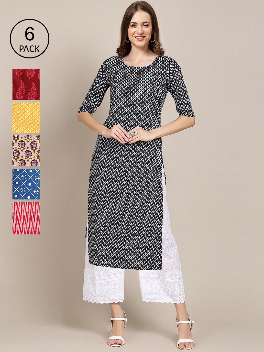 

7Threads Women Pack Of 6 Printed Crepe Kurta, Multi