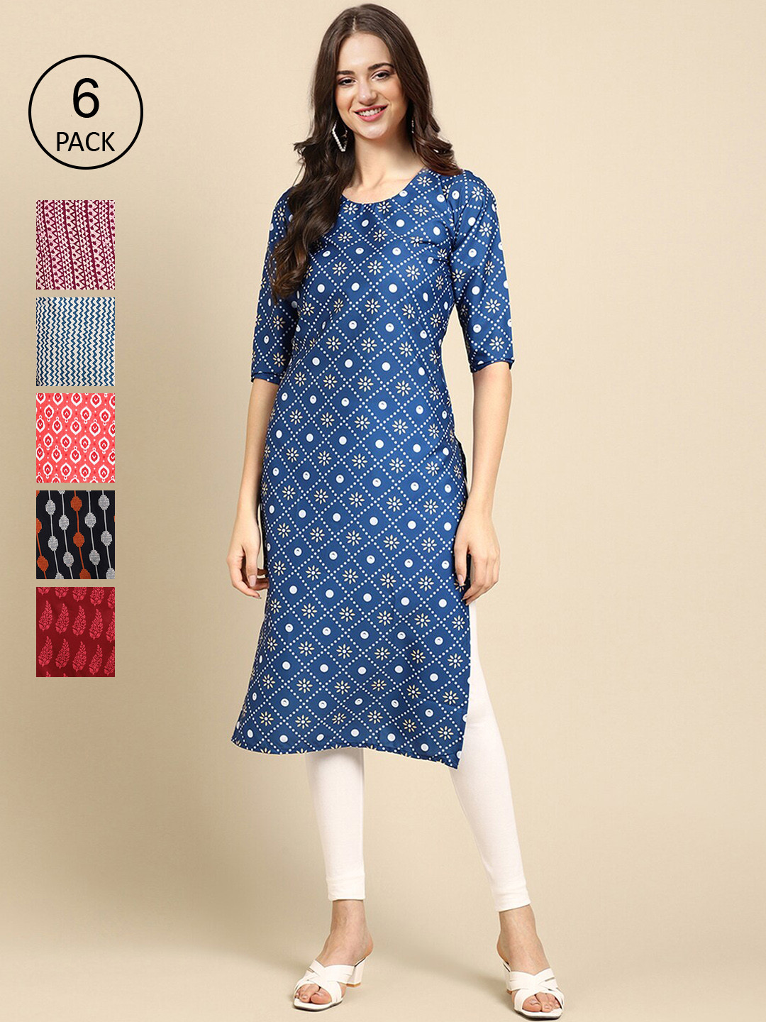 

7Threads Women Pack of 6 Geometric Printed Summer Sheers Crepe Kurtas, Blue