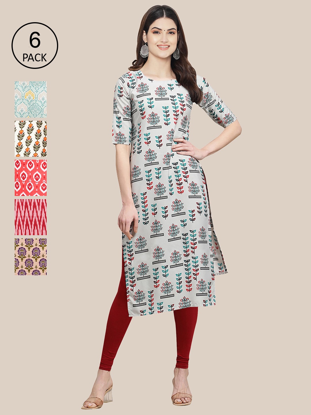 

7Threads Pack Of 6 Women Printed Straight Crepe Kurta, White