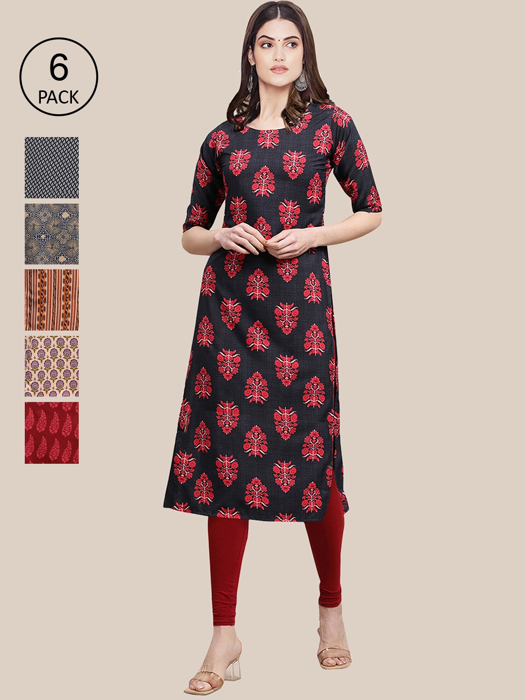 7Threads Pack Of 6 Women Printed Straight Crepe Kurta, Navy blue