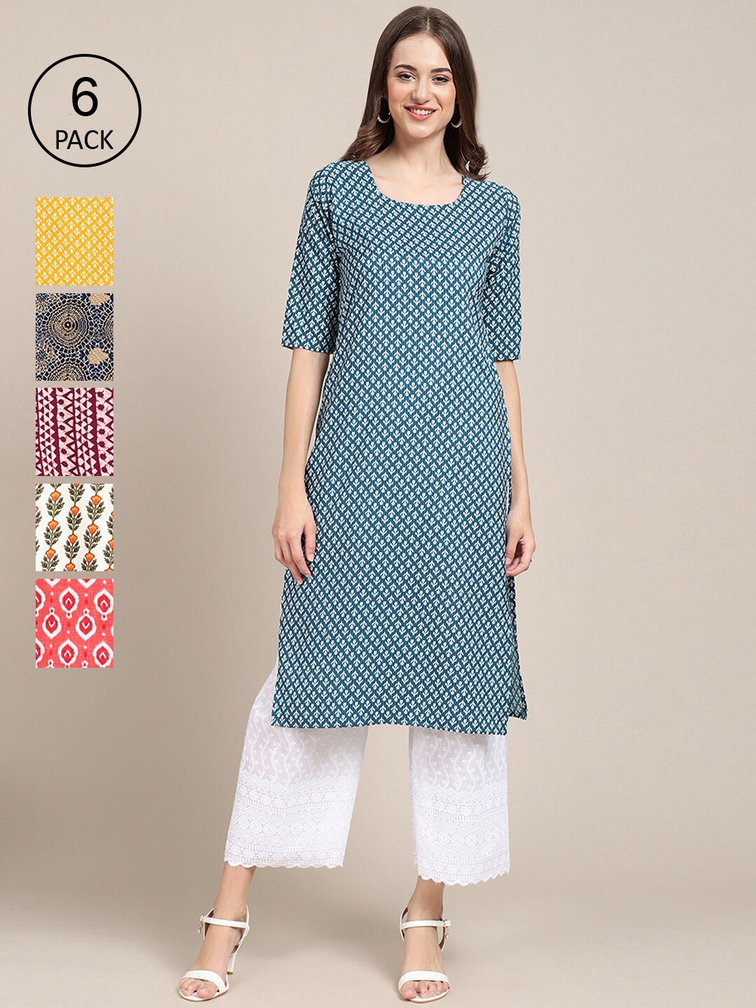 7Threads Pack Of 6 Women Printed Straight Crepe Kurta, White