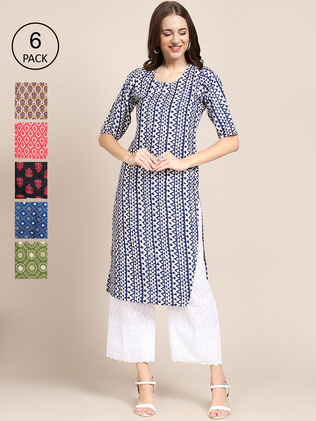 

7Threads Women Pack Of 6 Printed Crepe Straight Kurta, Blue