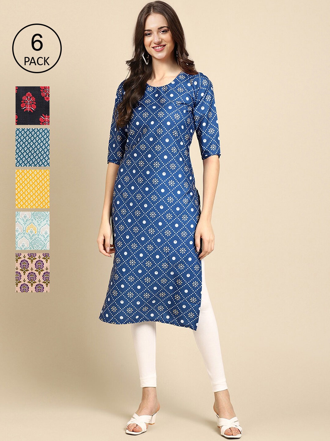 

7Threads Women Pack Of 6 Printed Crepe Straight Kurta, Blue