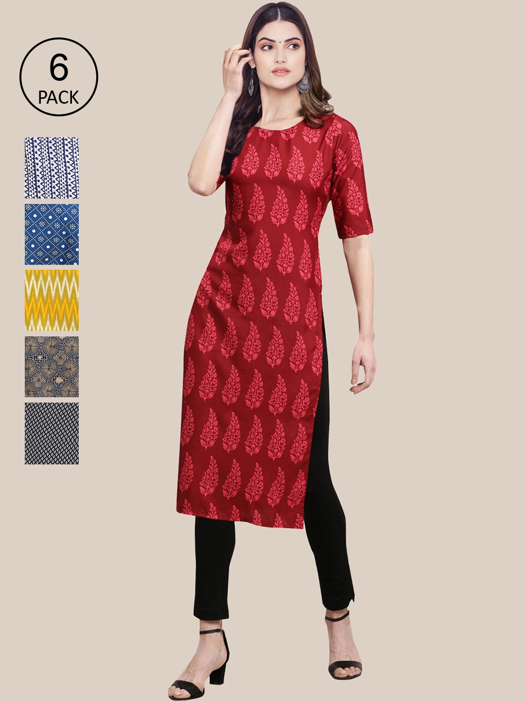 

7Threads Women Pack of 6 Red & Yellow Ethnic Motifs Printed Crepe Kurta