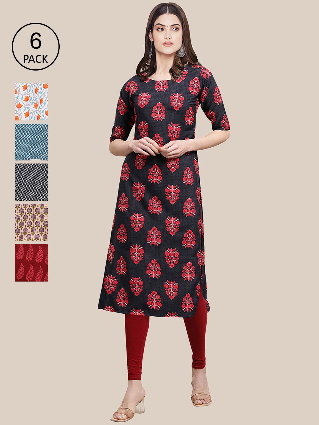 

7Threads Women Pack of 6 Red & Blue Ethnic Motifs Printed Crepe Kurta