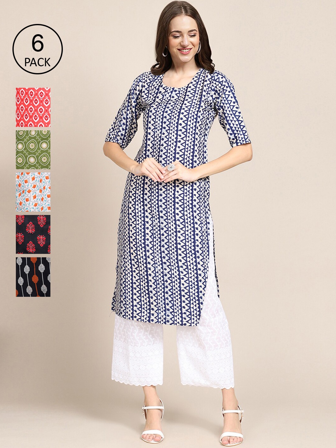 

7Threads Women Pack of 6 Blue & Green Ethnic Motifs Printed Crepe Kurta