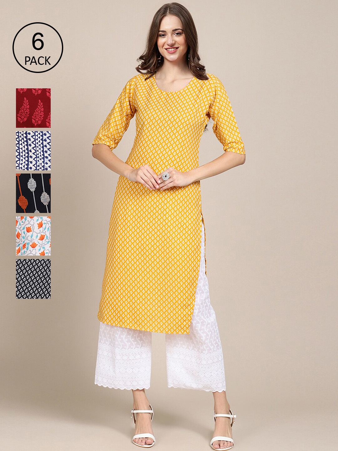 7Threads Women Pack Of 6 Digital Printed Crepe Straight Kurtas, Yellow