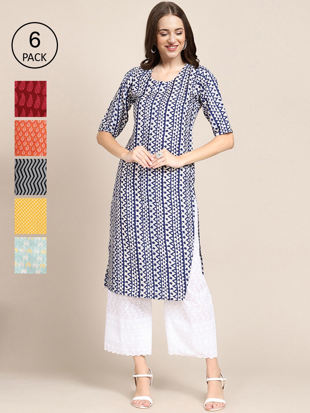 

7Threads Women Pack Of 6 Digital Printed Crepe Straight Kurtas, Blue