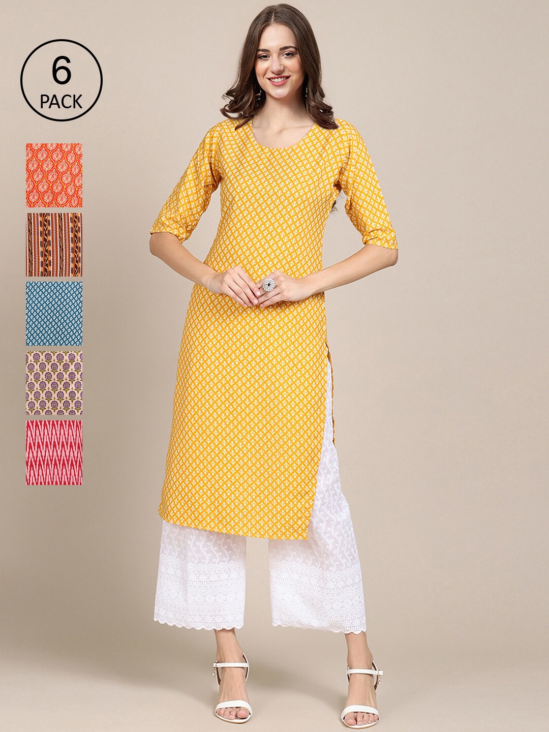7Threads Women Pack Of 6 Digital Printed Crepe Straight Kurtas, Yellow