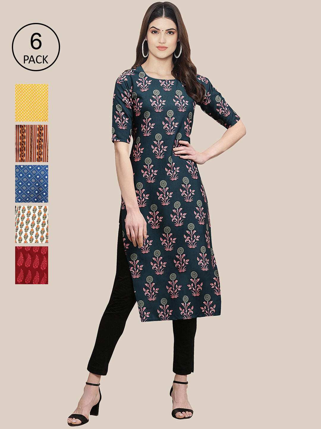

7Threads Women Pack Of 6 Multicoloured Ethnic Motifs Printed Summer Sheers Crepe Kurta, Multi