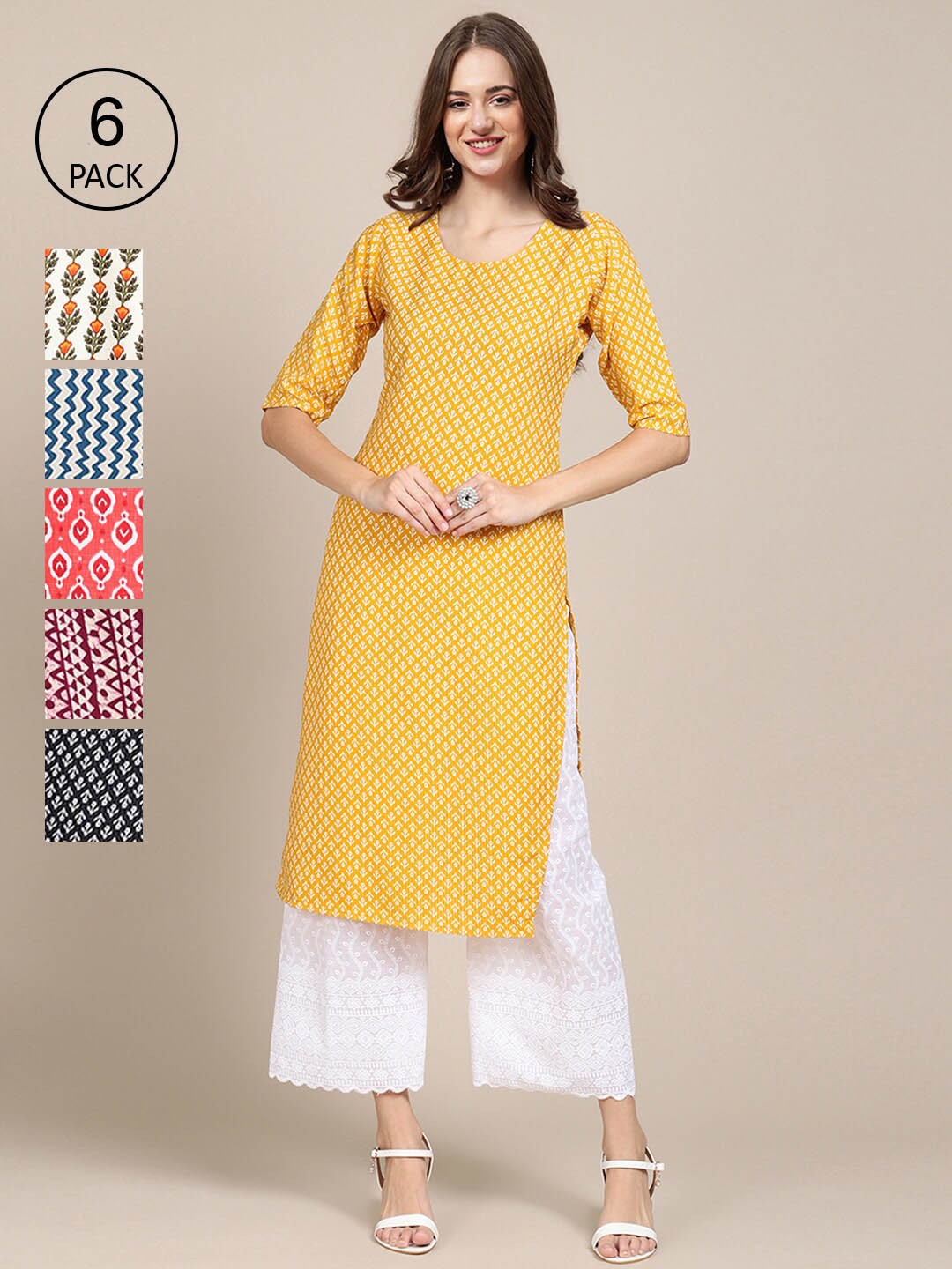

7Threads Pack of 6 Women Yellow & Black Floral Printed Summer Sheers Crepe Kurta