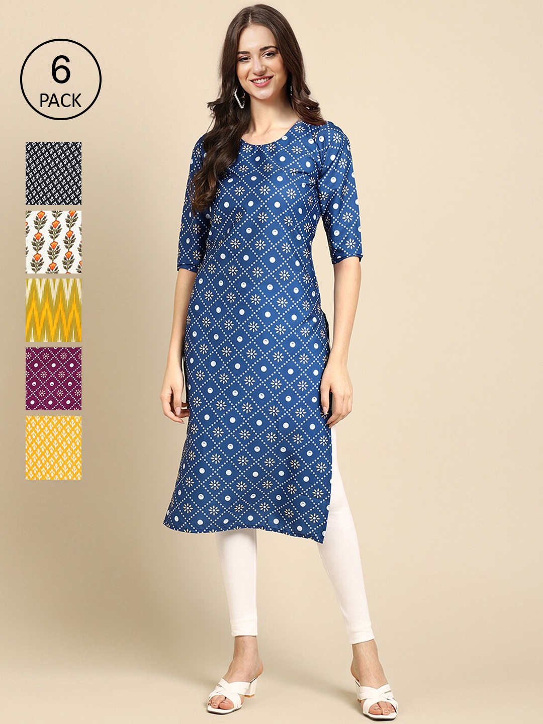 

7Threads Pack of 6 Women Black & Beige Floral Printed Summer Sheers Crepe Kurta