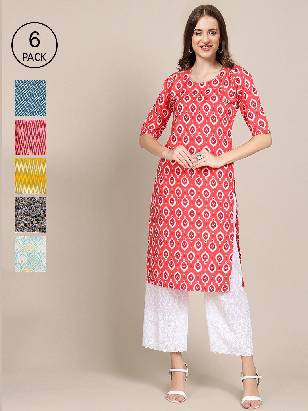 7Threads Women Pack Of 6 Geometric Printed Summer Sheers Crepe Kurta, Red