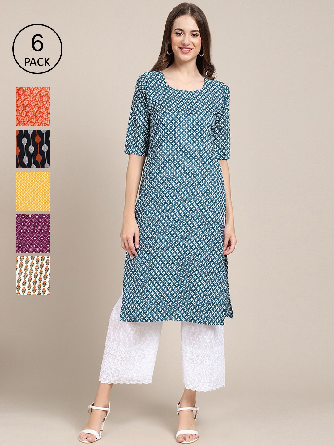 

7Threads Women Pack Of 6 Geometric Printed Summer Sheers Crepe Kurta, Blue