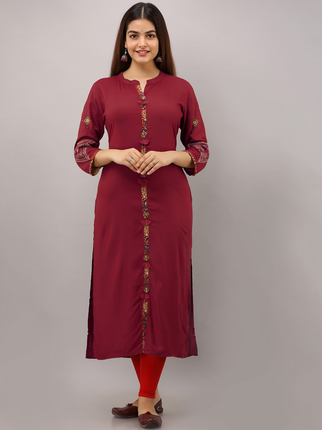 

PREKSHA Women Maroon Ethnic Motifs Embroidered Kurta