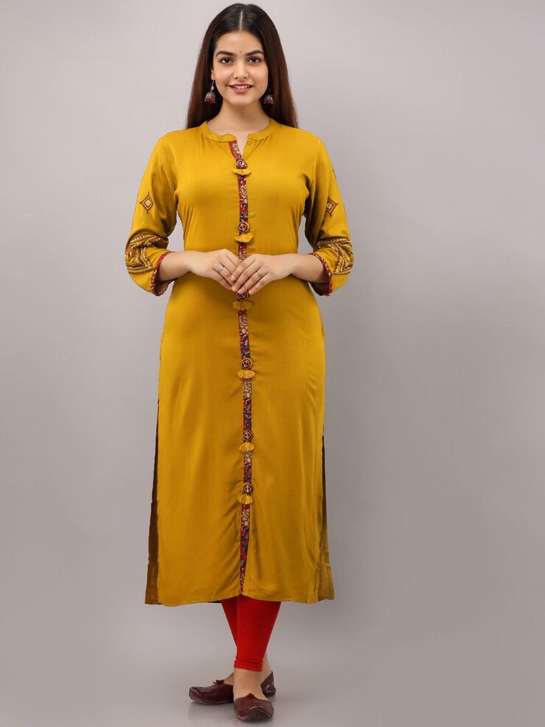 

PREKSHA Women Yellow Ethnic Motifs Embroidered Kurta