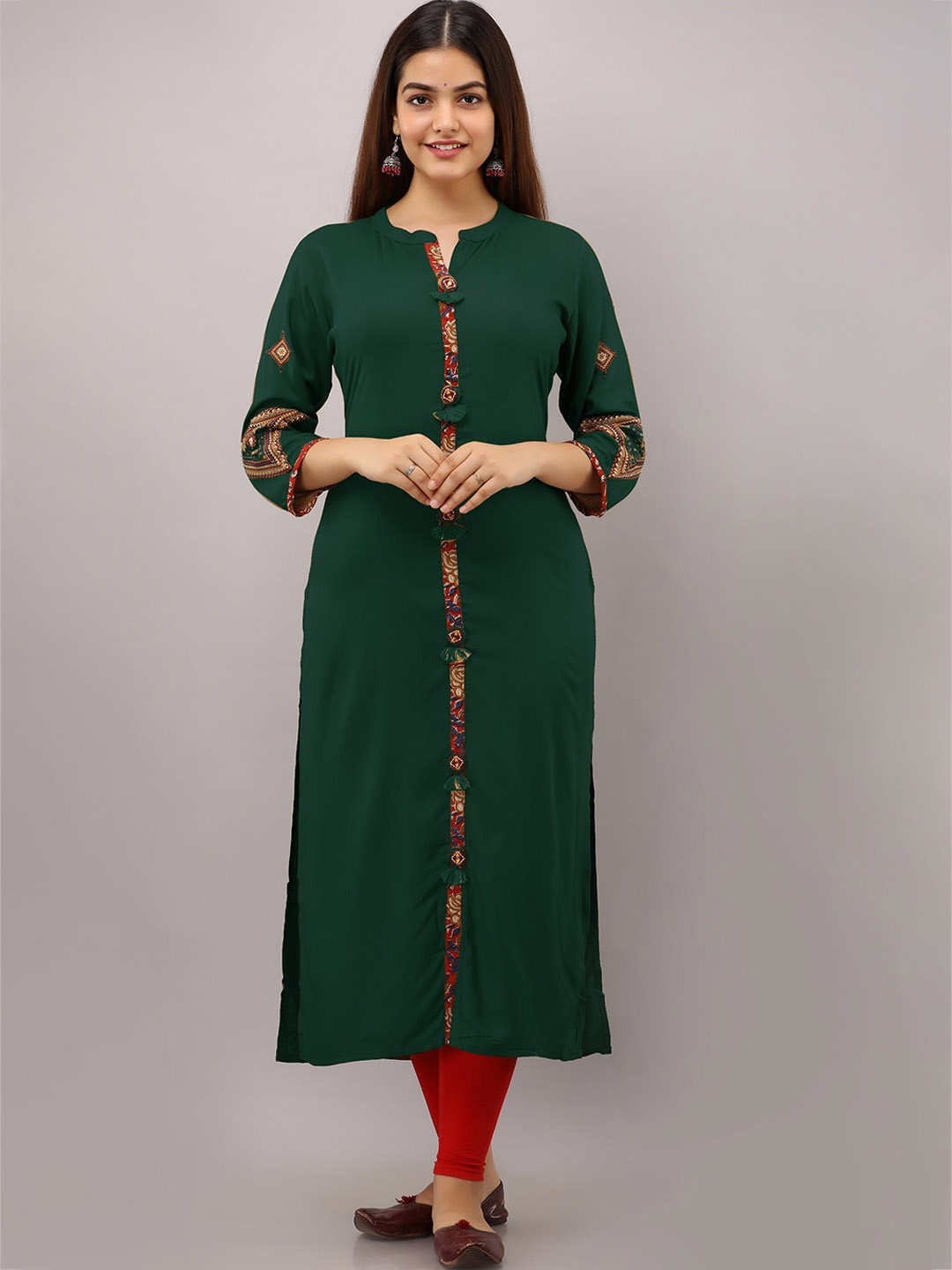

PREKSHA Women Olive Green Ethnic Motifs Embroidered Kurta