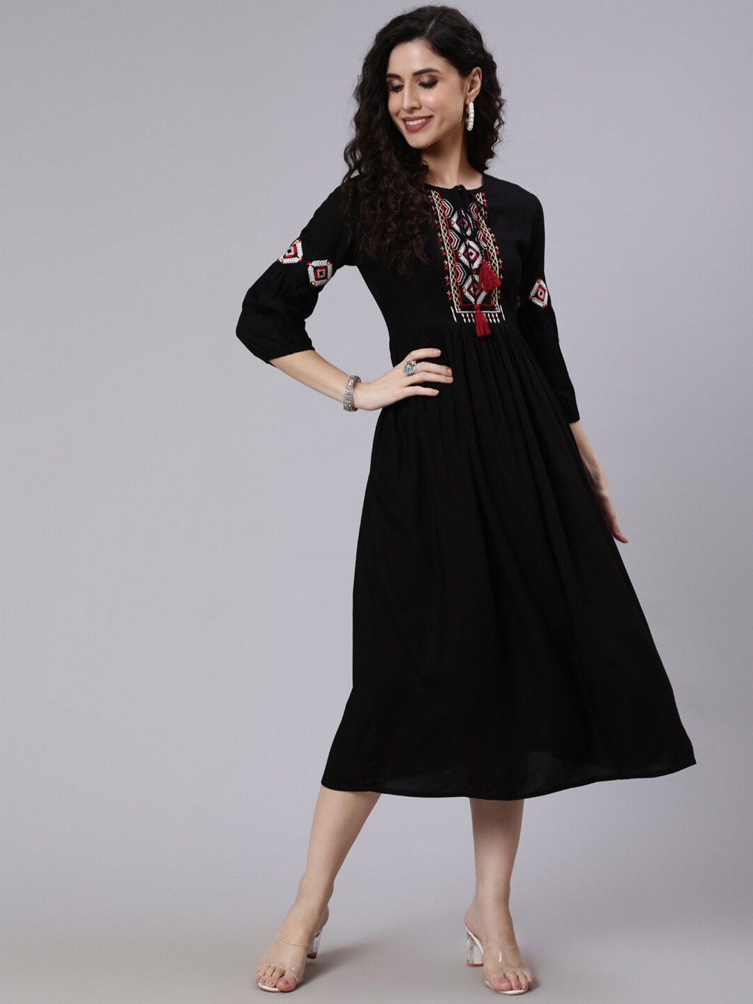 

Nayo Black Embroidered Tie-Up Neck Ethnic A-Line Midi Dress
