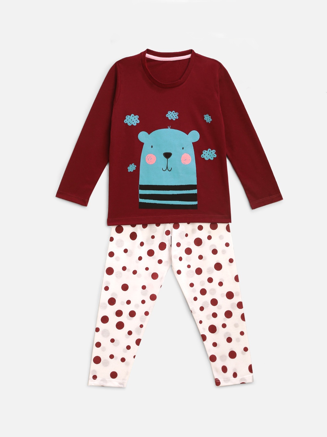 

HERE&NOW Girls Maroon & White Printed Night suit