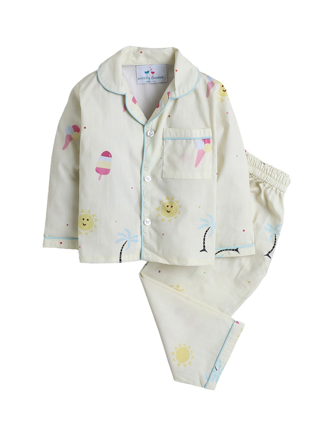 

Knitting Doodles Unisex Kids Cream-Coloured & Pink Printed Night suit