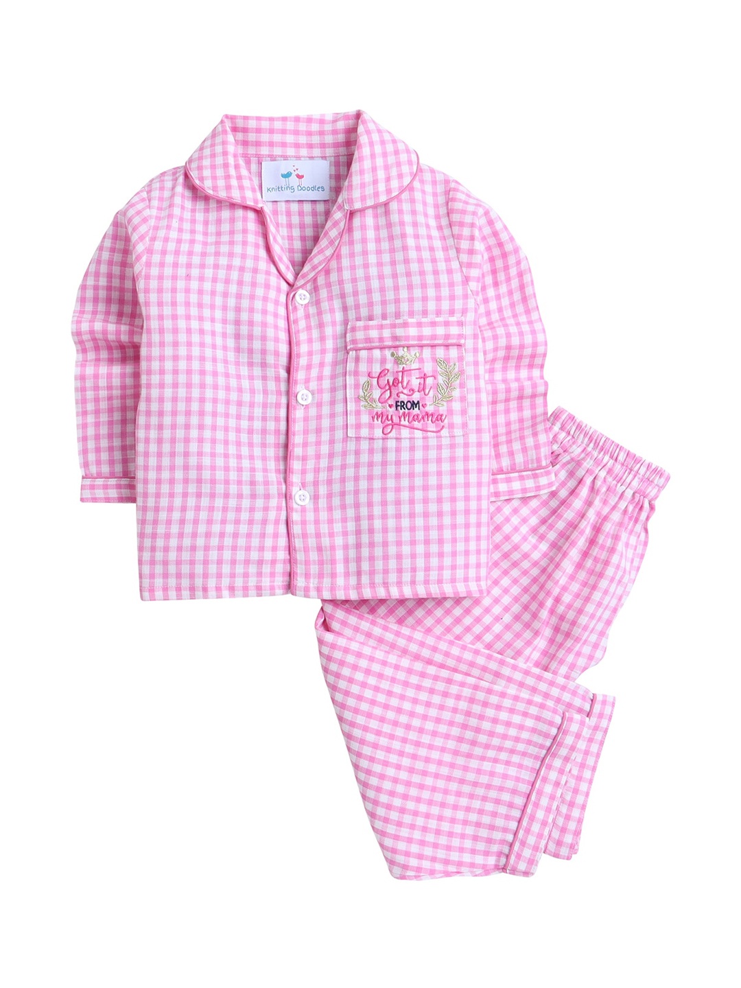 

Knitting Doodles Unisex Kids Pink & White Checked Night suit