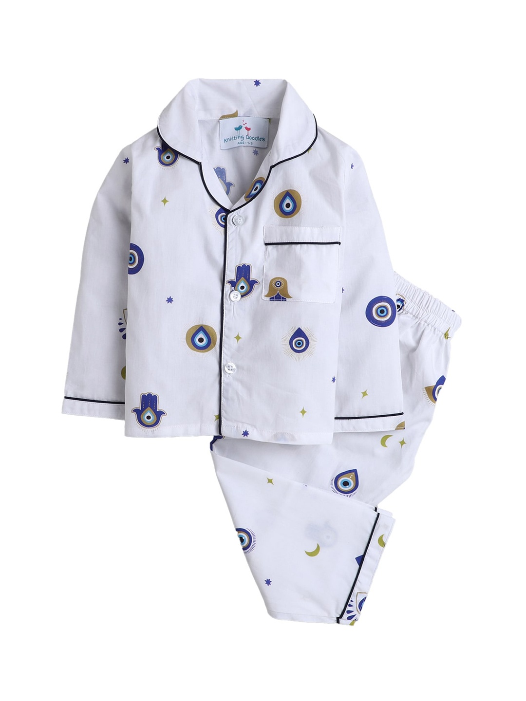 

Knitting Doodles Unisex Kids White & Blue Printed Night suit